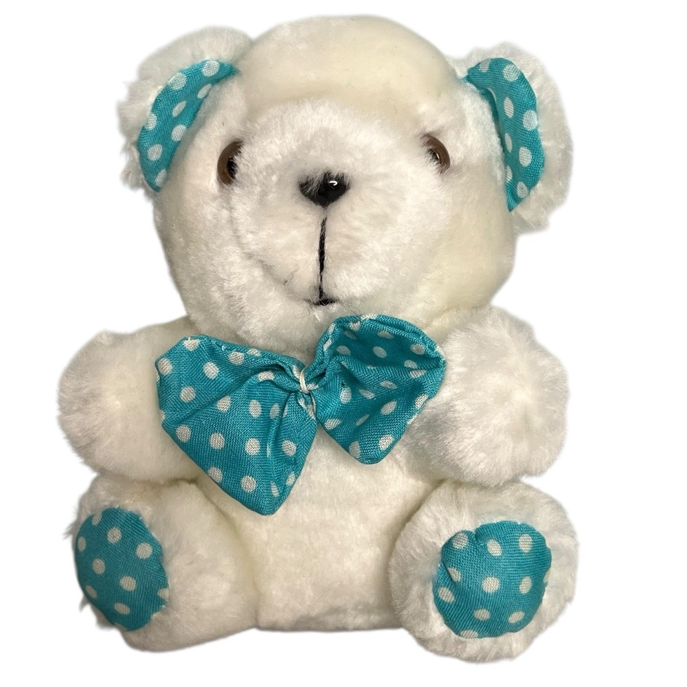 Vtg Cloud 9 Teddy Bear Plush Stuffed Animal 6" Turquoise Blue Polka Dot Bow